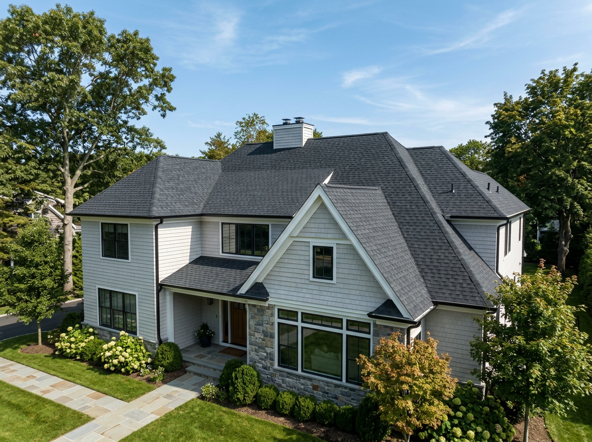 Completed residential home with a professionally finished charcoal architectural shingle roof